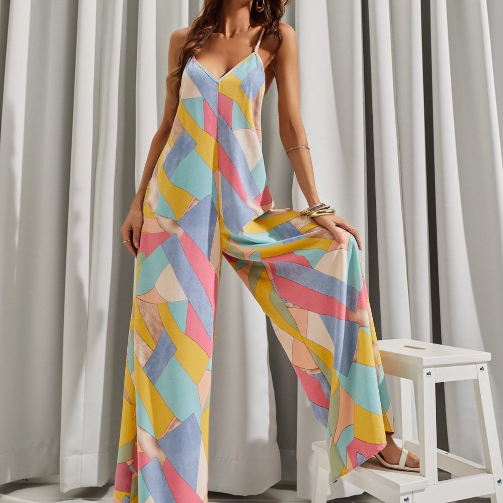 New Backless Tropical Print Wide Leg Cami Jumpsuit